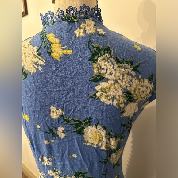 Free People blue Alora Floral print mini dress button front lace Sz 10 - Picture 6 of 8